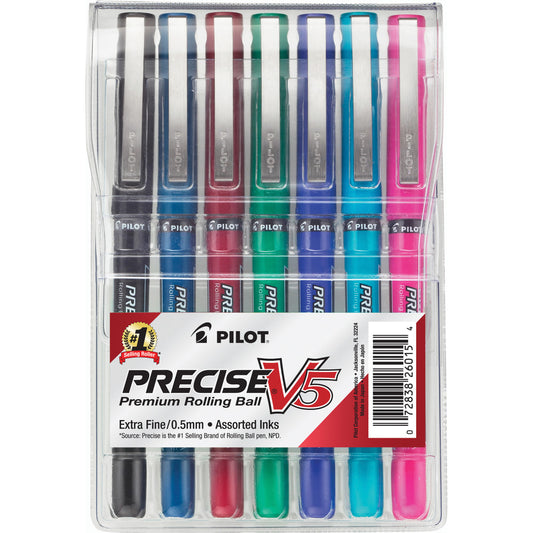 Pilot Precise V5 Rollerball Pen, Stick, Extra-Fine 0.5 mm, Assorted Ink and Barrel Colors, 7/Pack